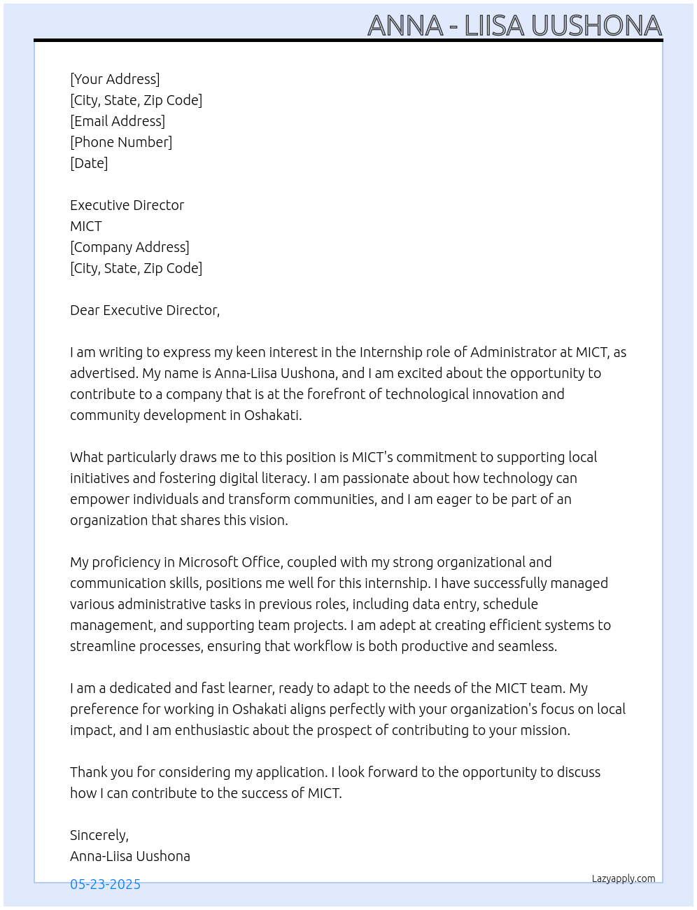 Administrator  At MICT Cover Letter