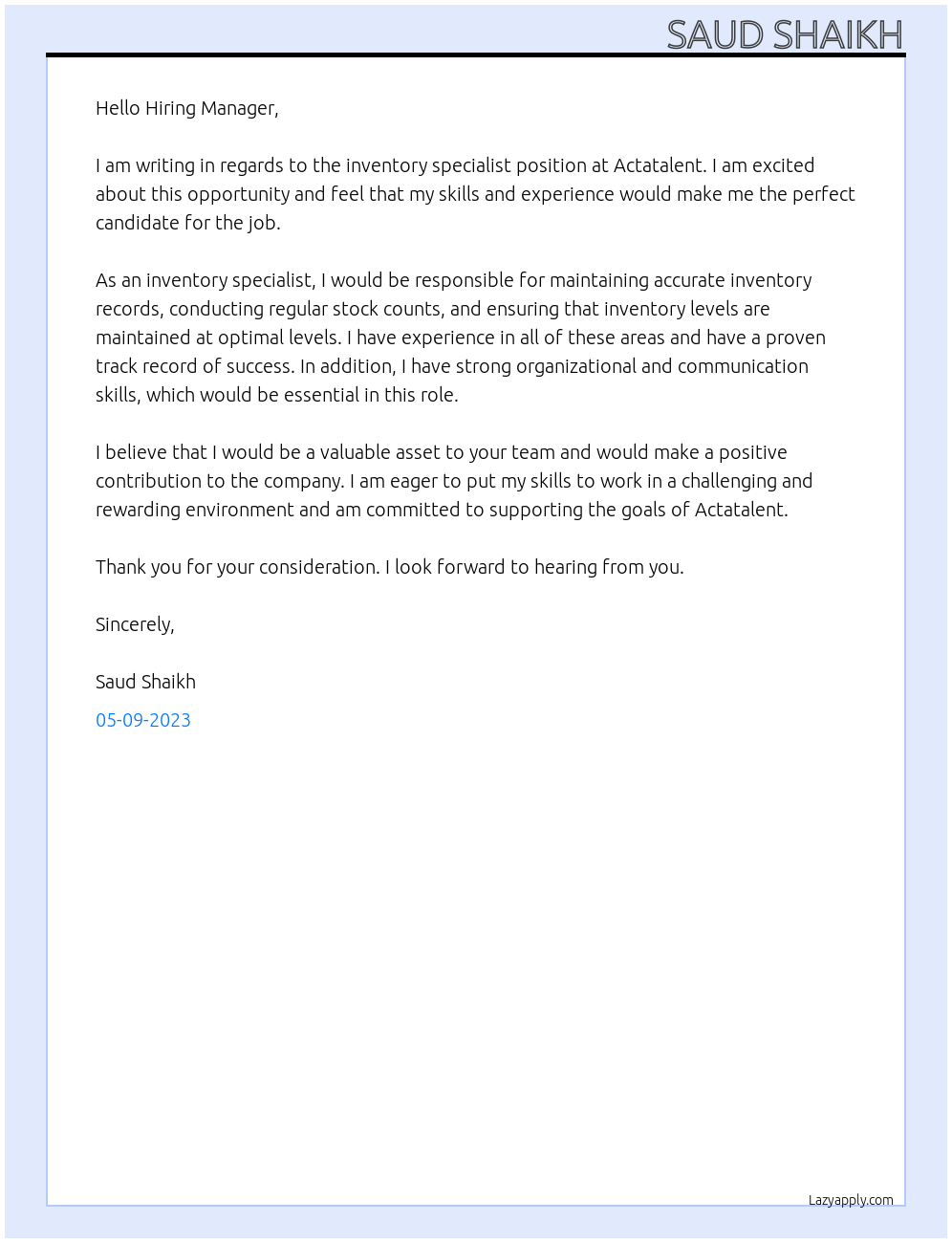 inventory specialist At Actatalent Cover Letter