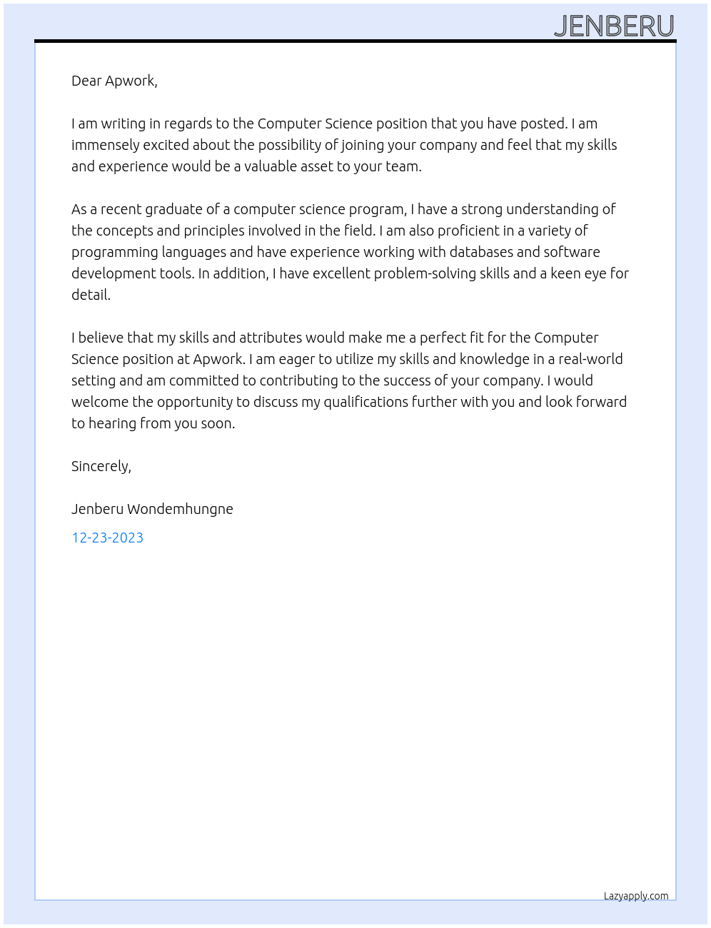 Computer Science At Apwork Cover Letter