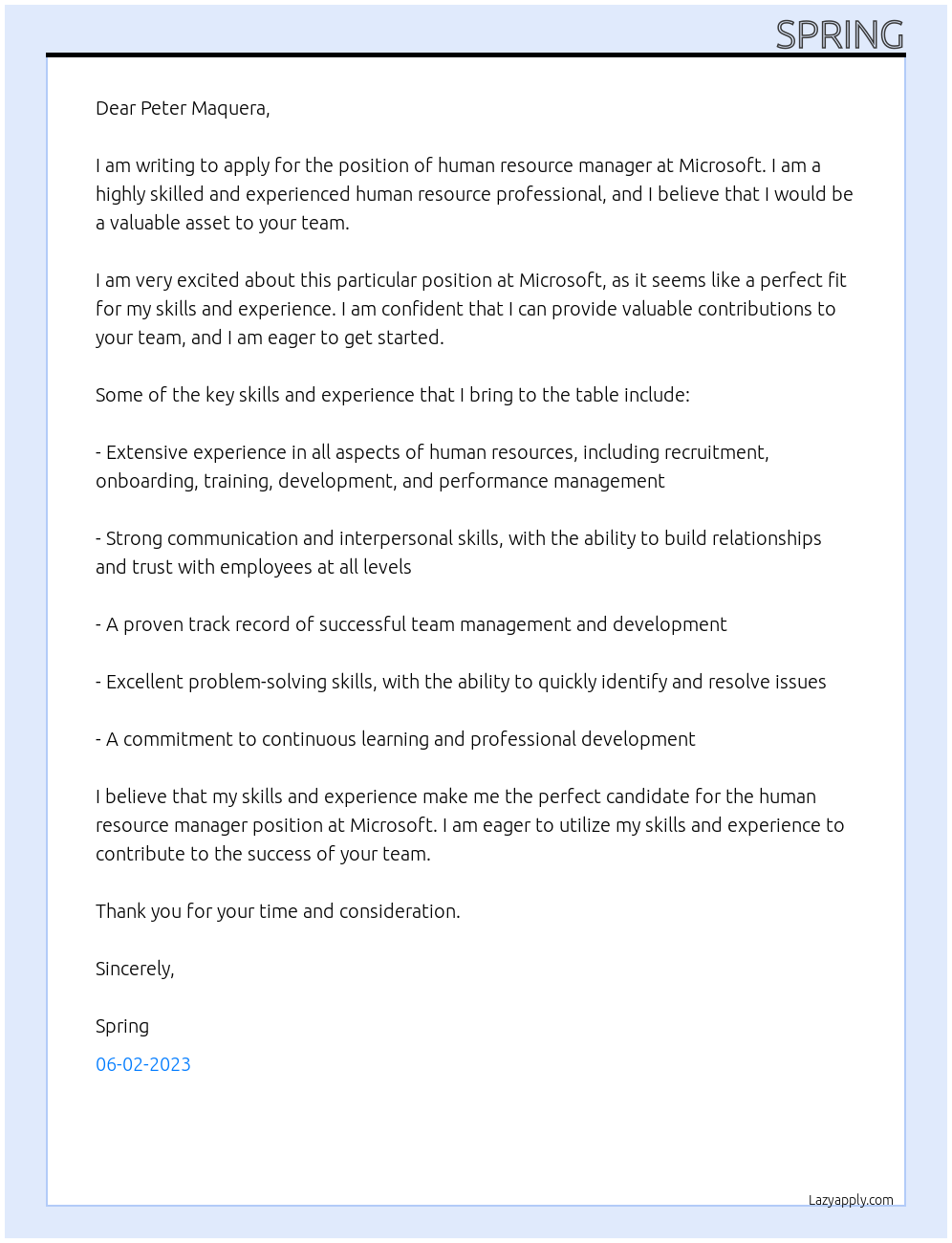 human resource manager At Microsoft Cover Letter