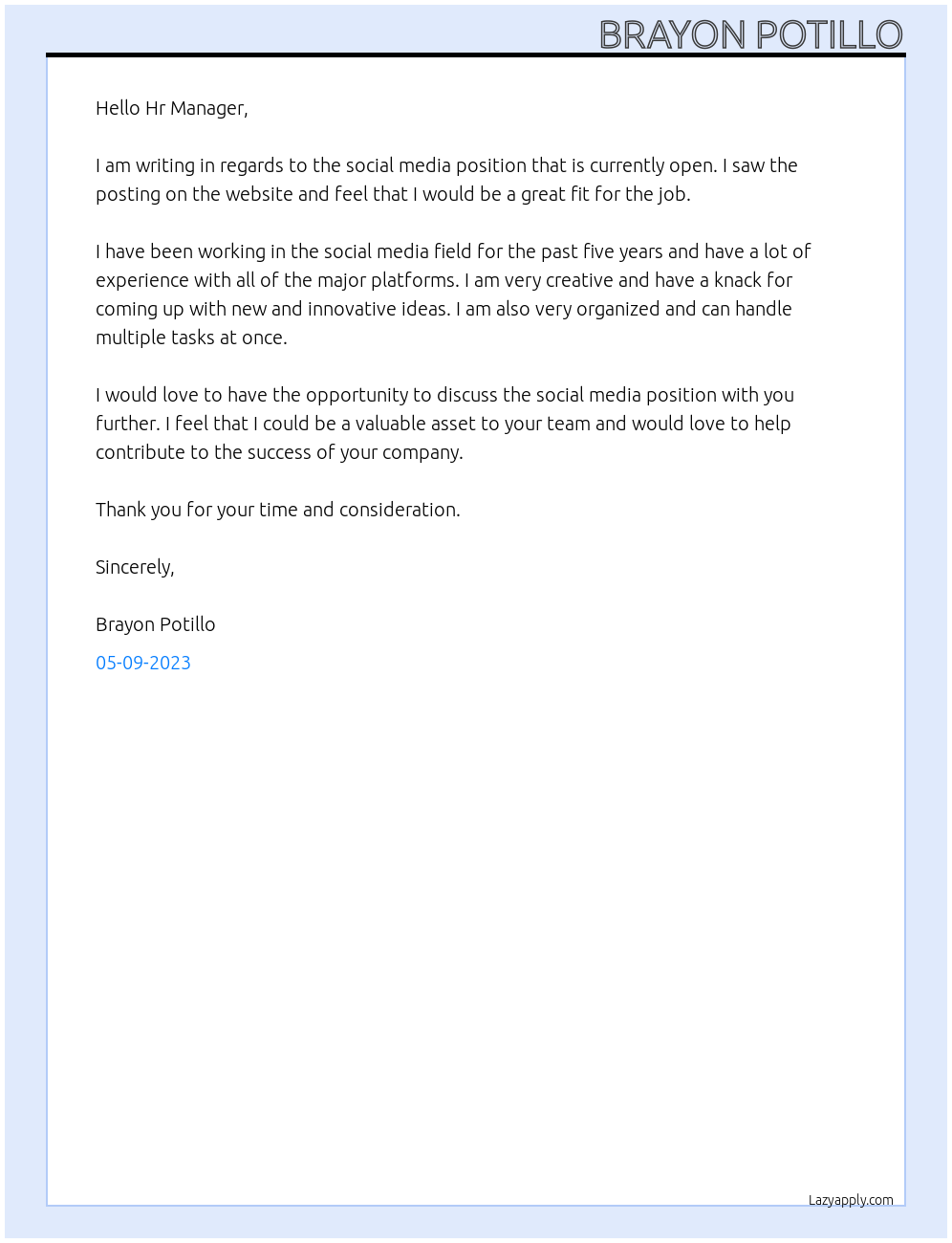 Social Media At n/a Cover Letter