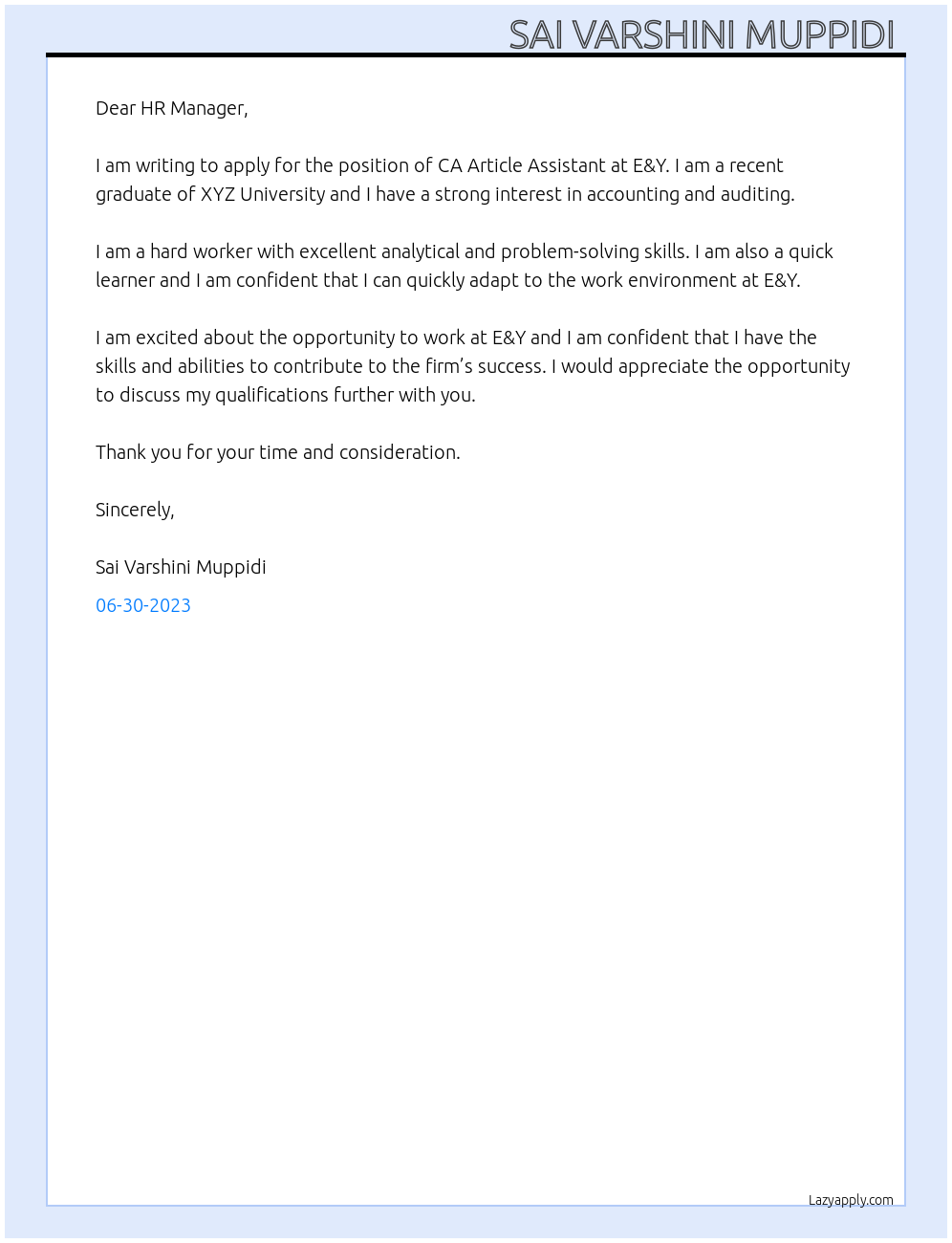 CA Article Assistant At E&Y Cover Letter