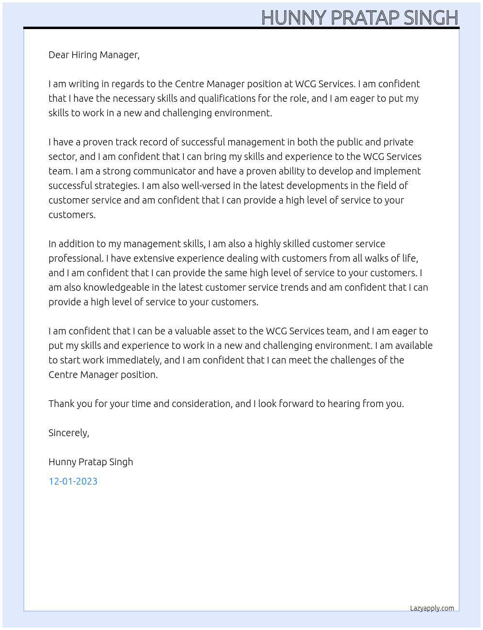 Centre Manager At WCG Services Cover Letter