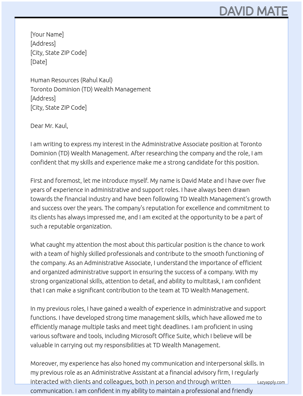 Administrative Associate At Toronto Dominion (TD) Wealth Management Cover Letter