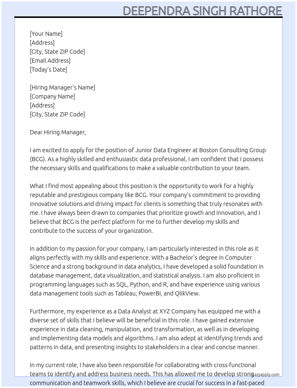 Junior Data Engineer At Boston Consulting Group(BCG) Cover Letter