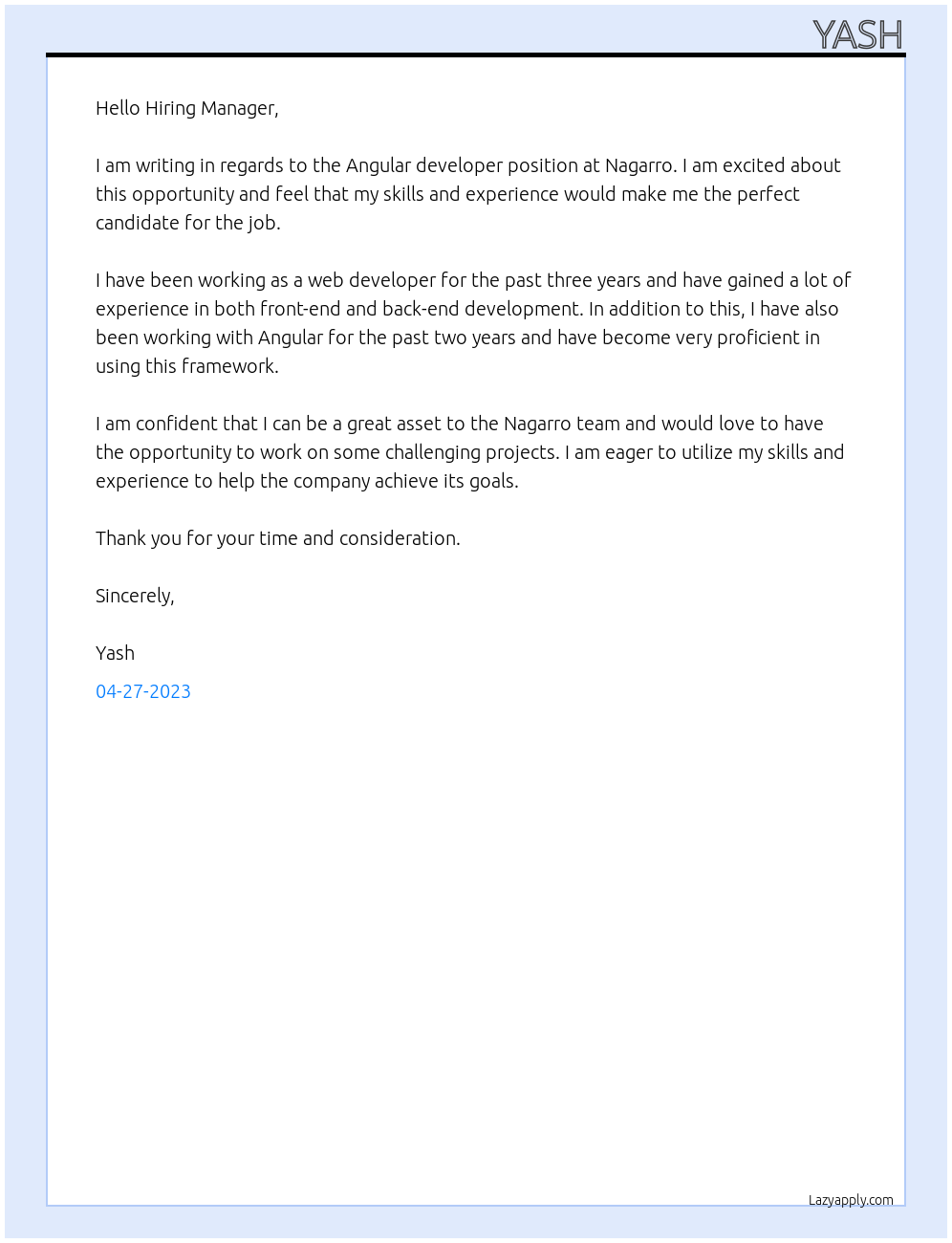 Angular developer At Nagarro Cover Letter
