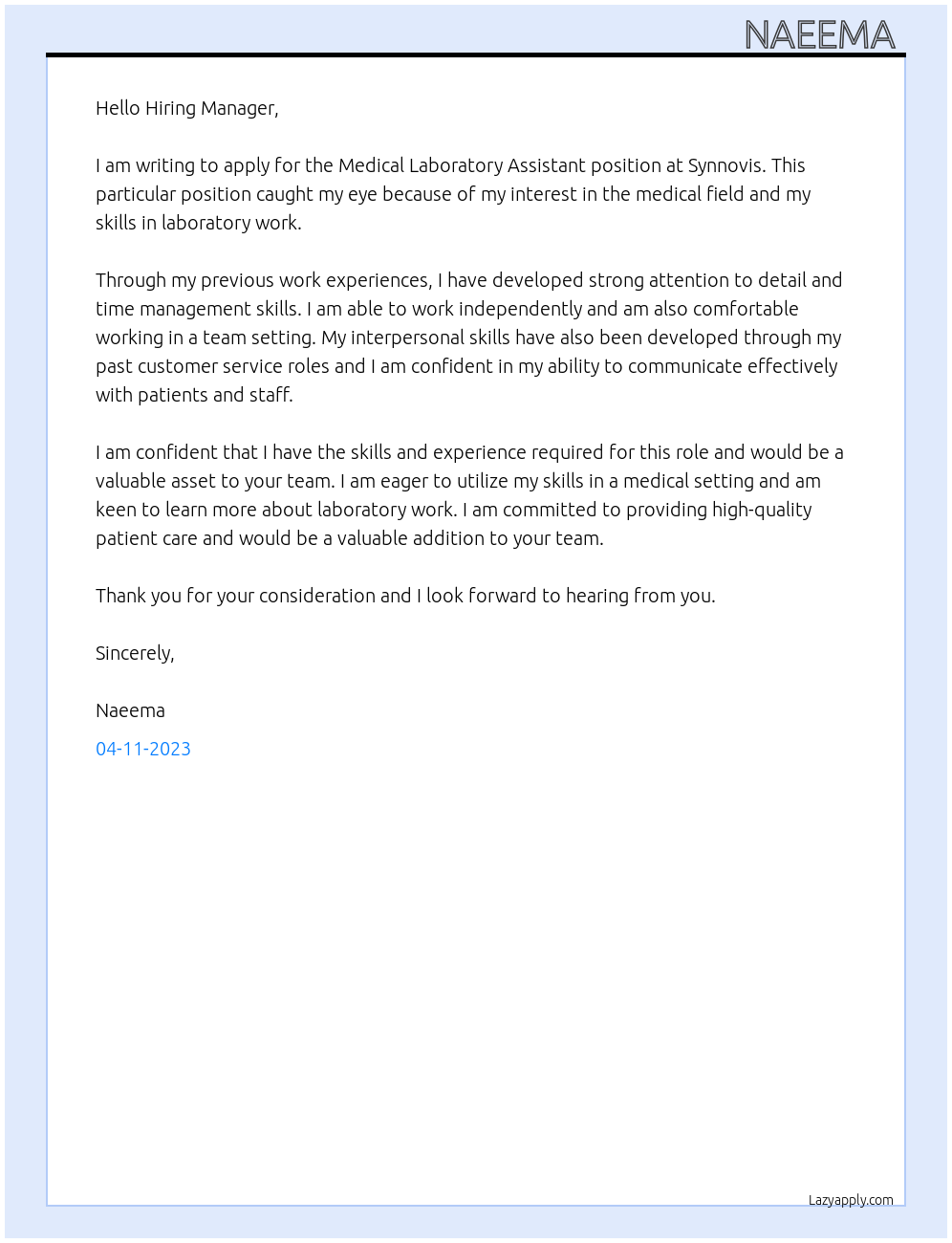 Medical laboratory Assistant  At Synnovis  Cover Letter