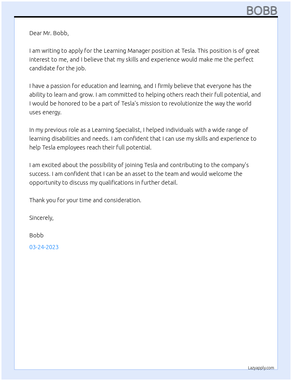 Learning manager At Tesla Cover Letter