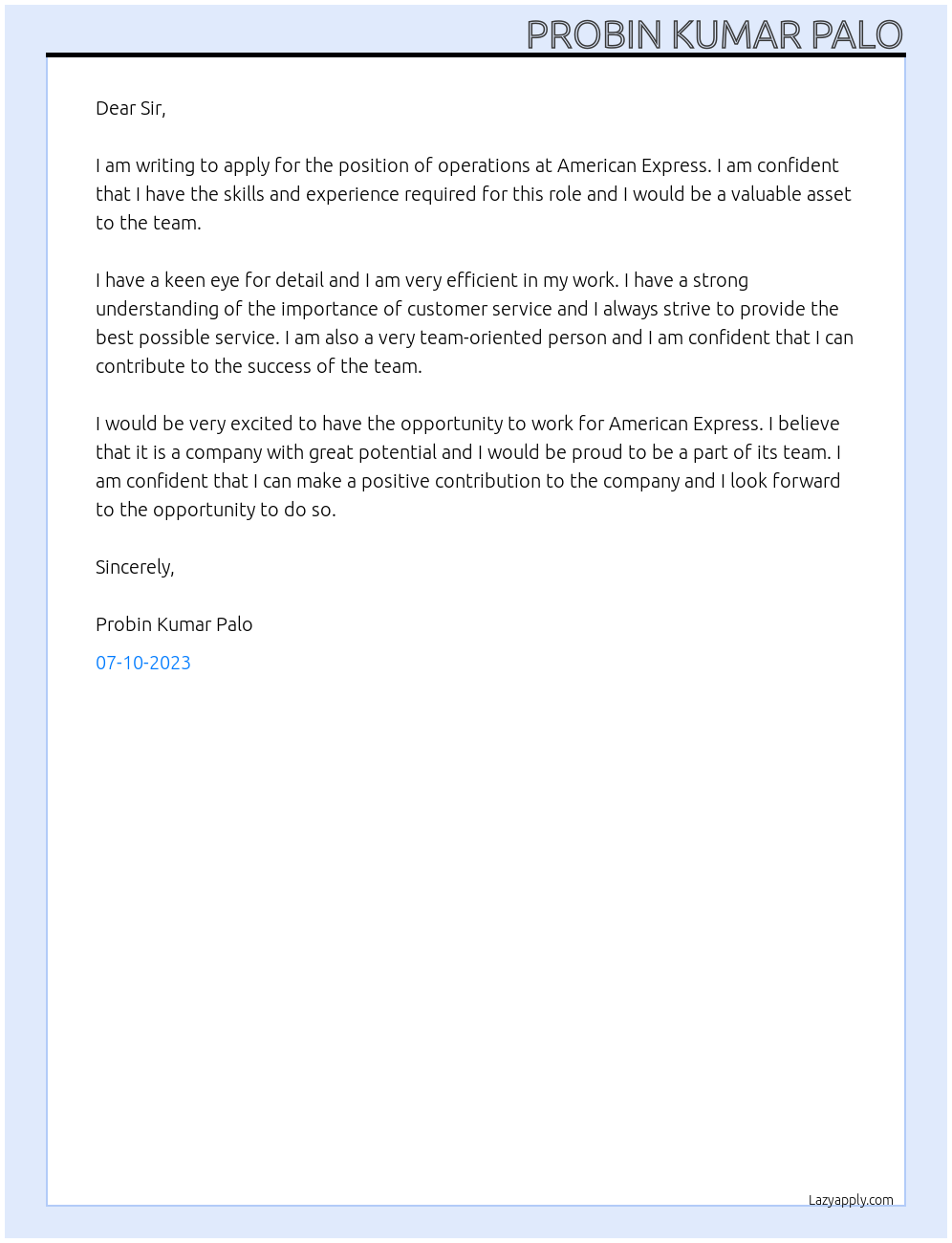 operations  At American Express Cover Letter