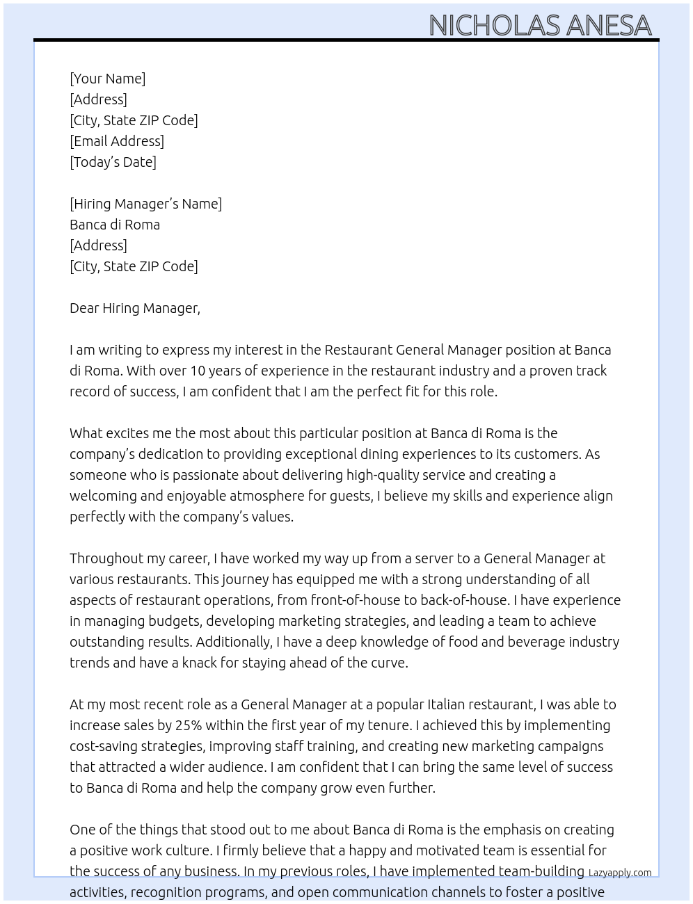 Restaurant General manager  At Banca di Roma  Cover Letter