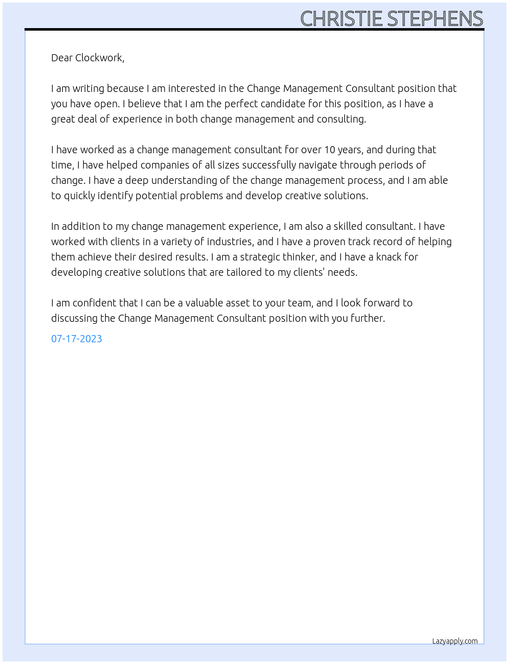 Change Management Consultant At Change Management Consultant  Cover Letter