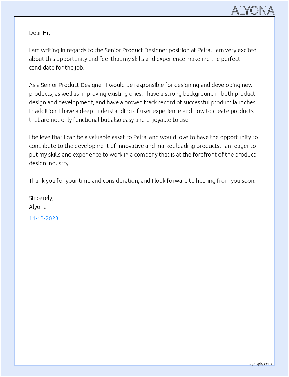 Senior Product Designer At Palta Cover Letter