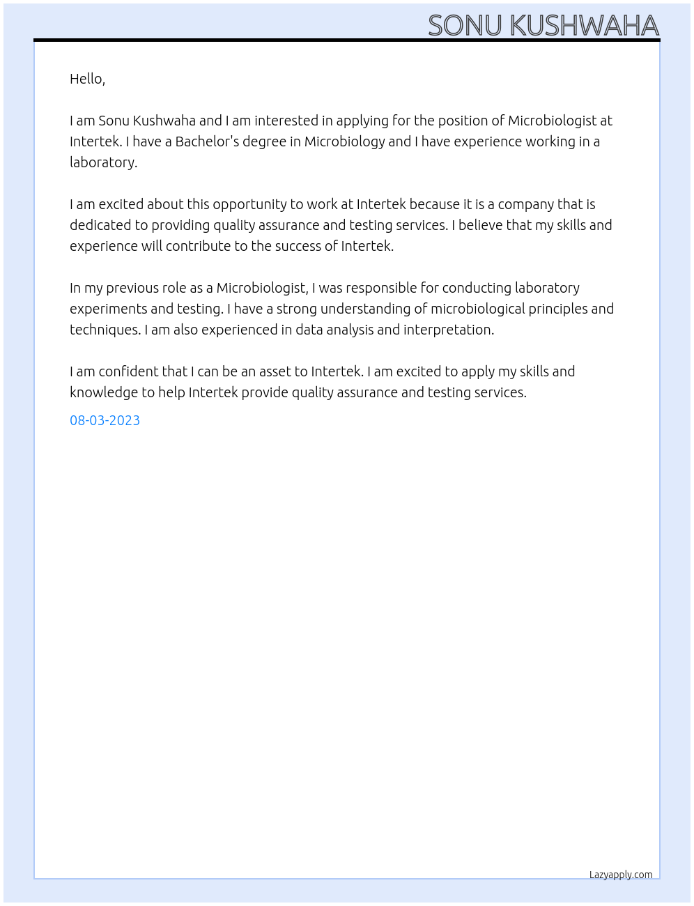 Microbiologist At Intertek Cover Letter