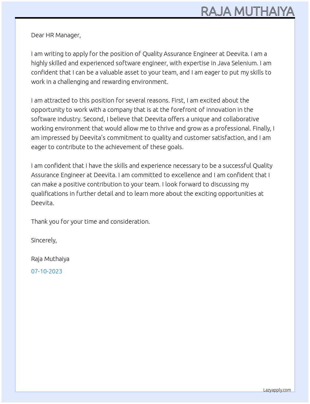 Quality Assurance Engineer At Deevita Cover Letter