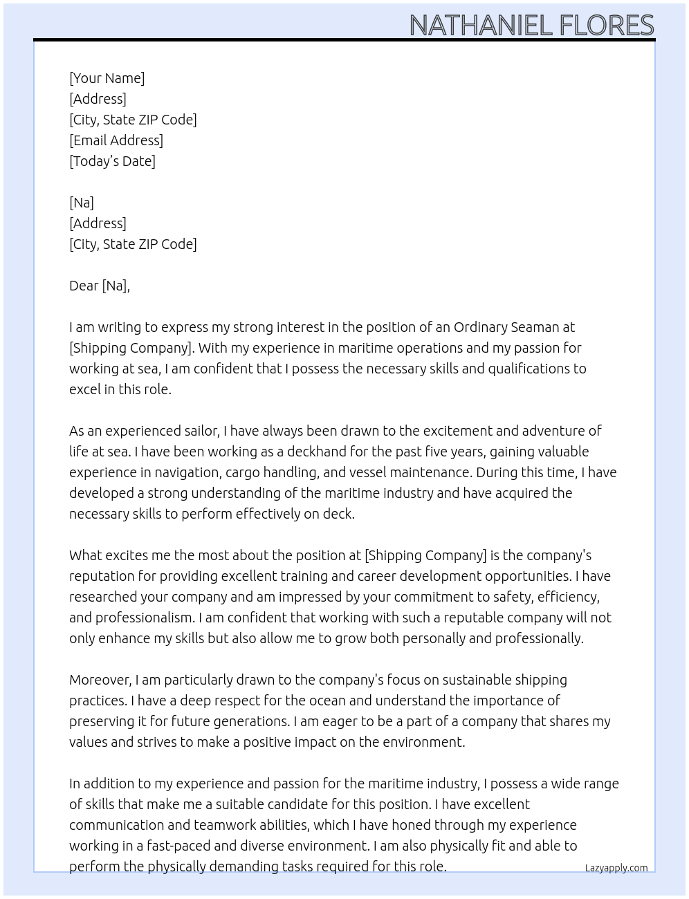 Ordinary seaman At Shipping company Cover Letter