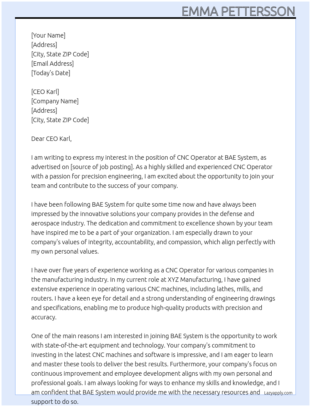 CNC Operator At BAE System Cover Letter