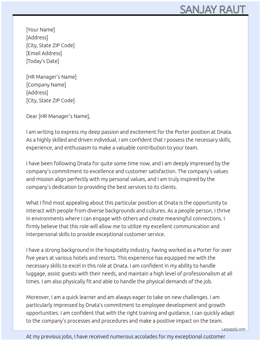 Porter  At Dnata  Cover Letter