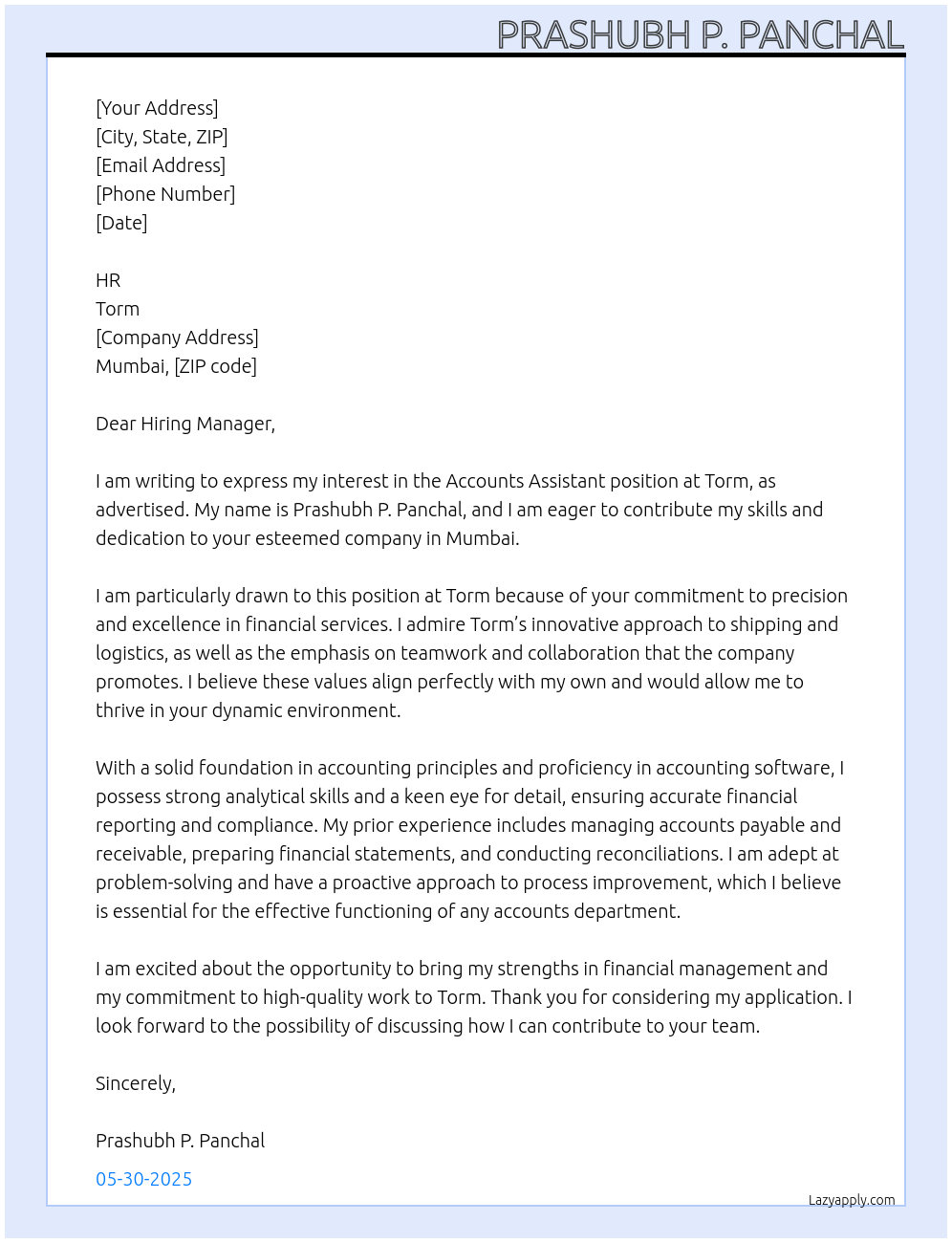 Accounts Assistant At Torm Cover Letter