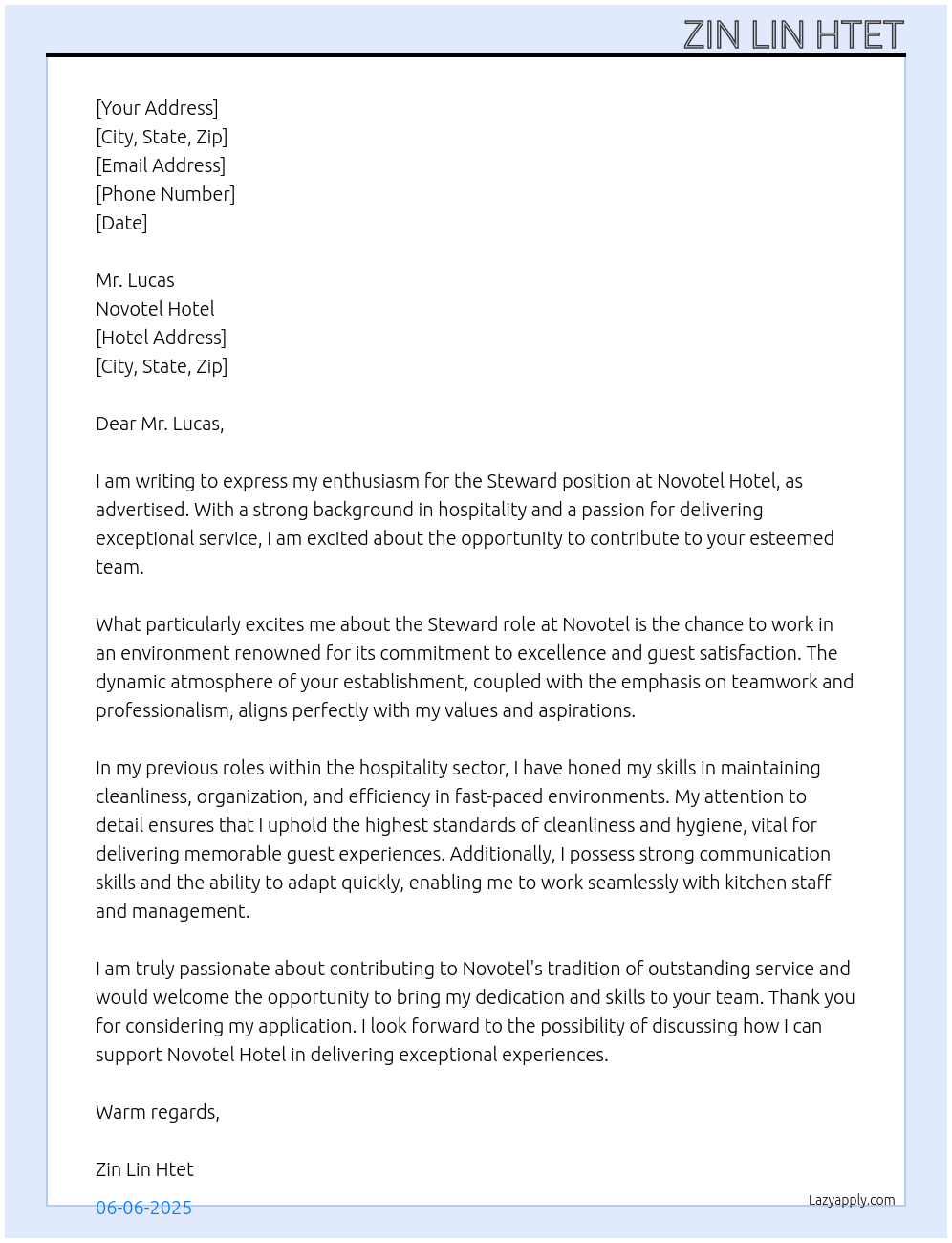 Steward At Novotel Hotel Cover Letter