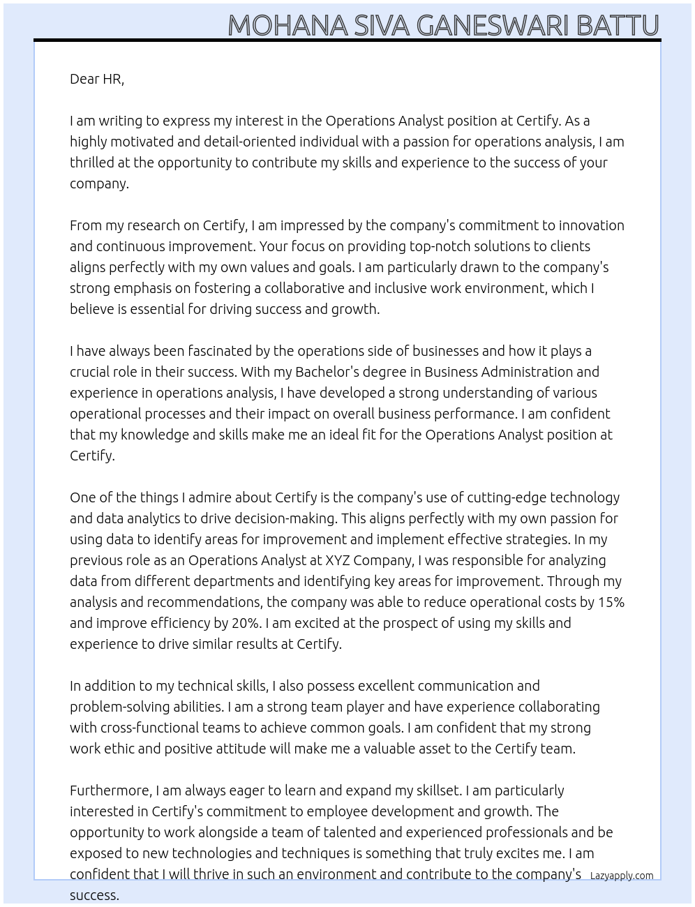 Operations Analyst At certify Cover Letter