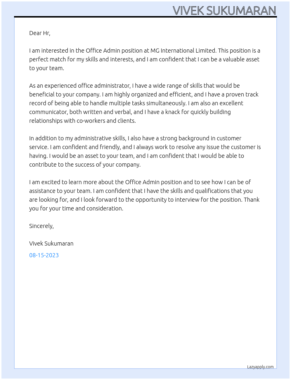 Office Admin At MG International Limited Cover Letter