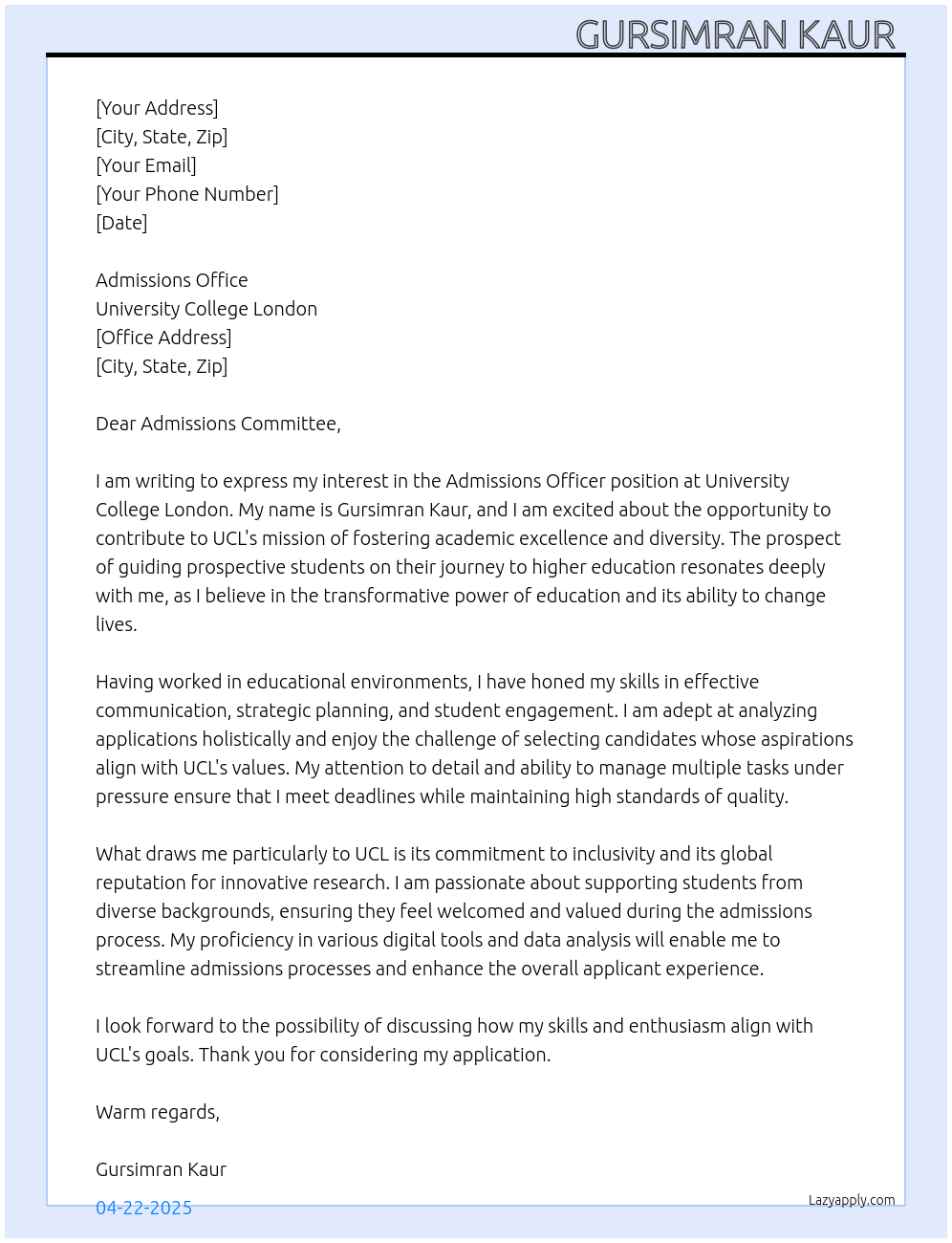 Cover letter for admissions officer - LazyApply