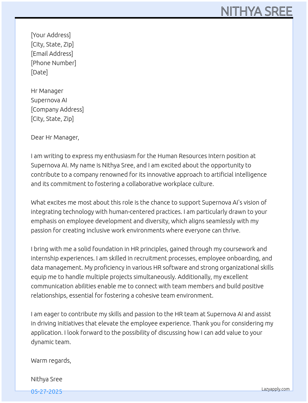 Human Resources Intern At Supernova AI Cover Letter