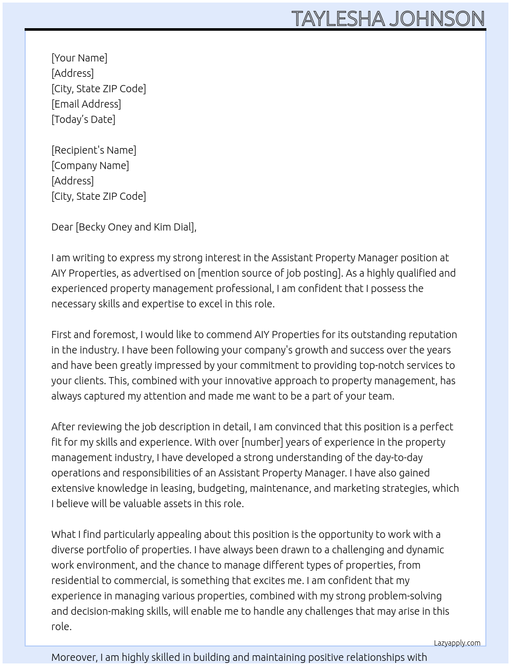 Assistant Property Manager At AIY Properties Cover Letter