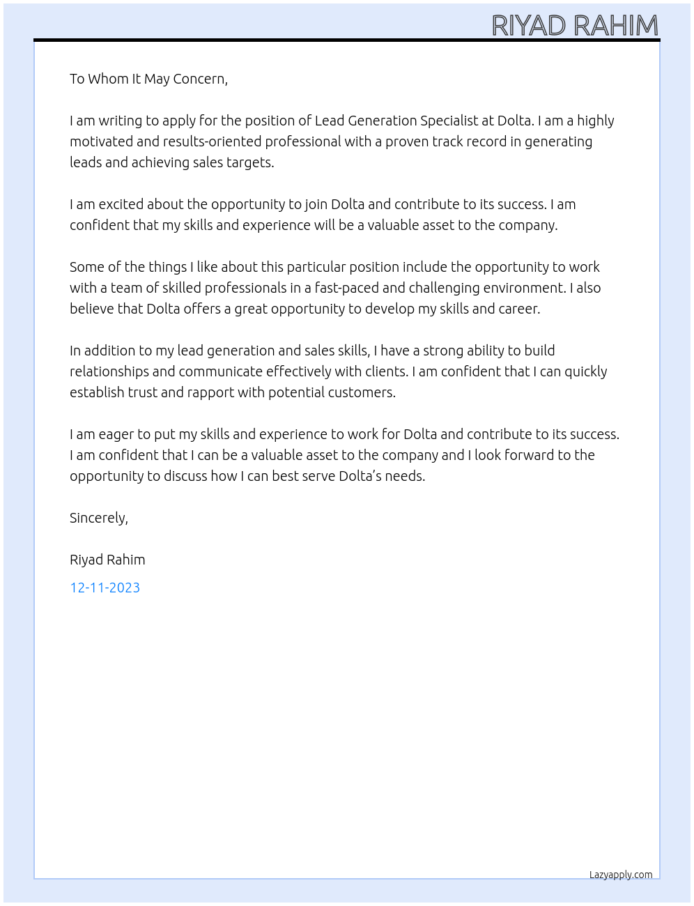 lead generation specialist At Dolta Cover Letter