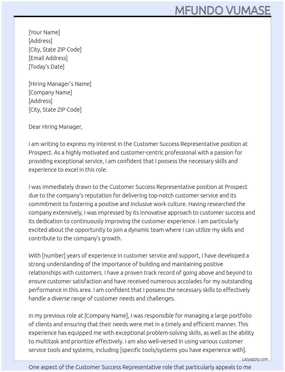 customer success representative At prospect Cover Letter