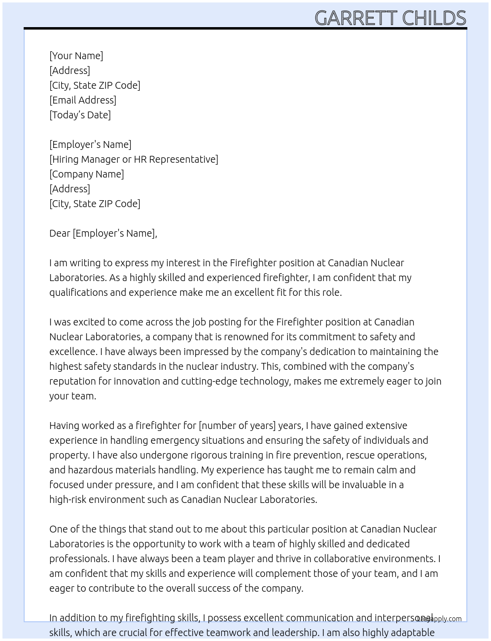 Firefighter At Canadian Nuclear Laboratories Cover Letter