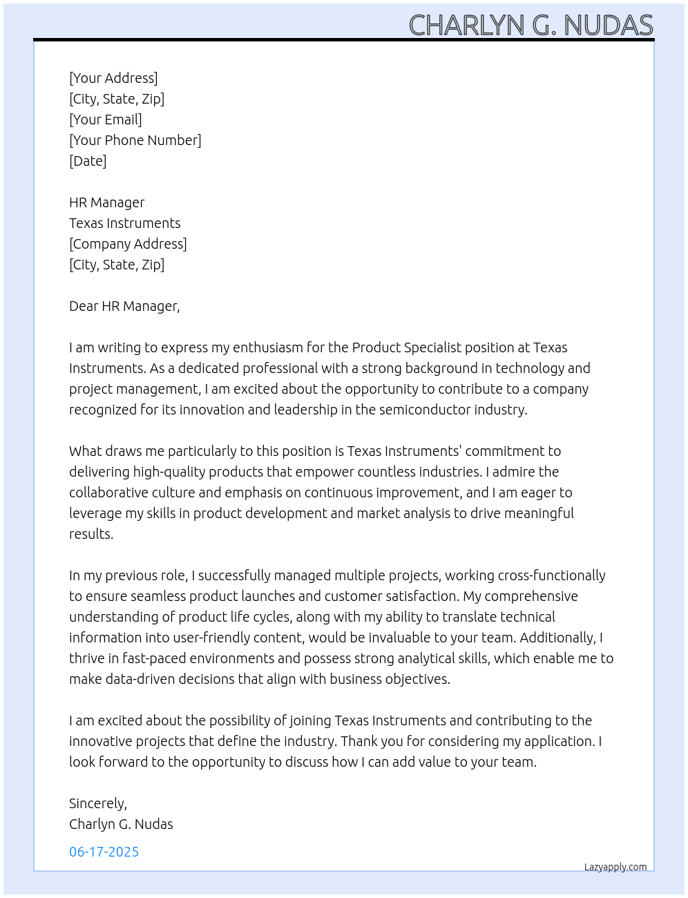 product specialist At Texas Instruments Cover Letter