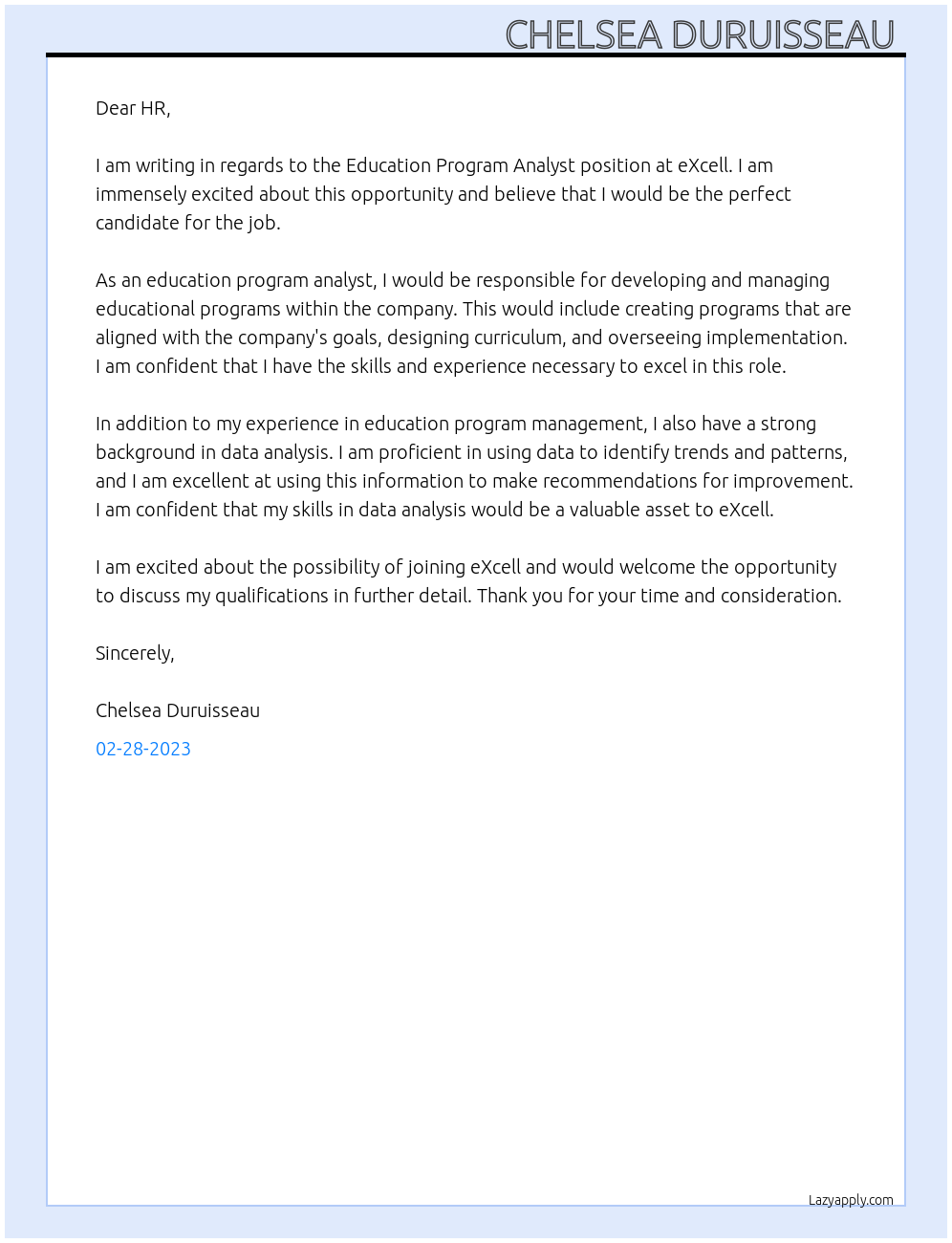 Education Program Analyst At eXcell  Cover Letter