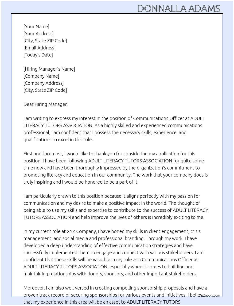 Communications Officer At ADULT LITERACY TUTORS ASSOCIATION Cover Letter