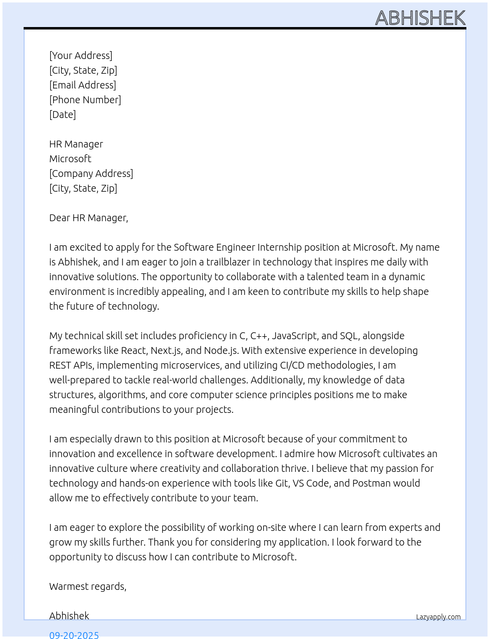 Software Engineer Intership At Microsoft Cover Letter
