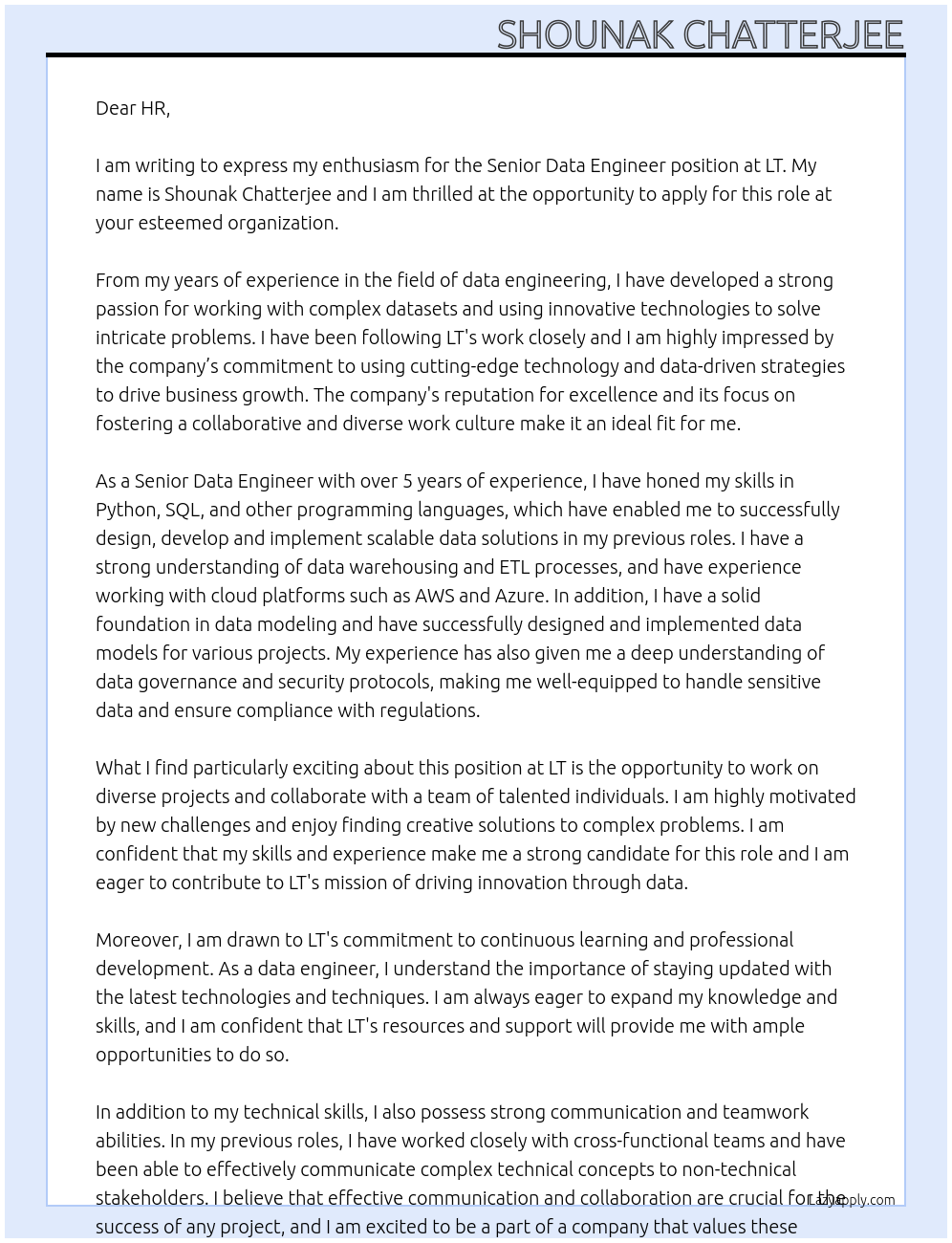 Senior Data Engineer At LT Cover Letter