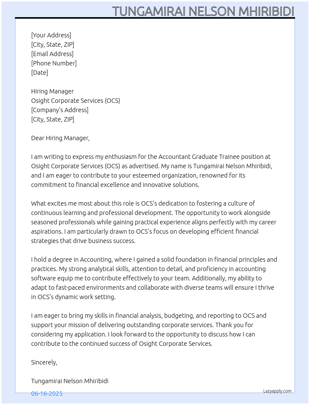 Cover letter for accountant graduate trainee - LazyApply