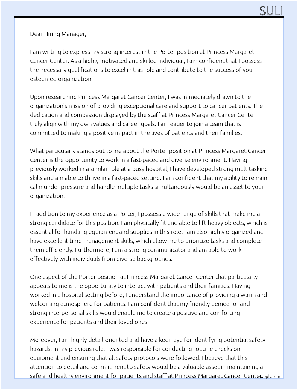 Porter At Princess Margaret Cancer Center Cover Letter
