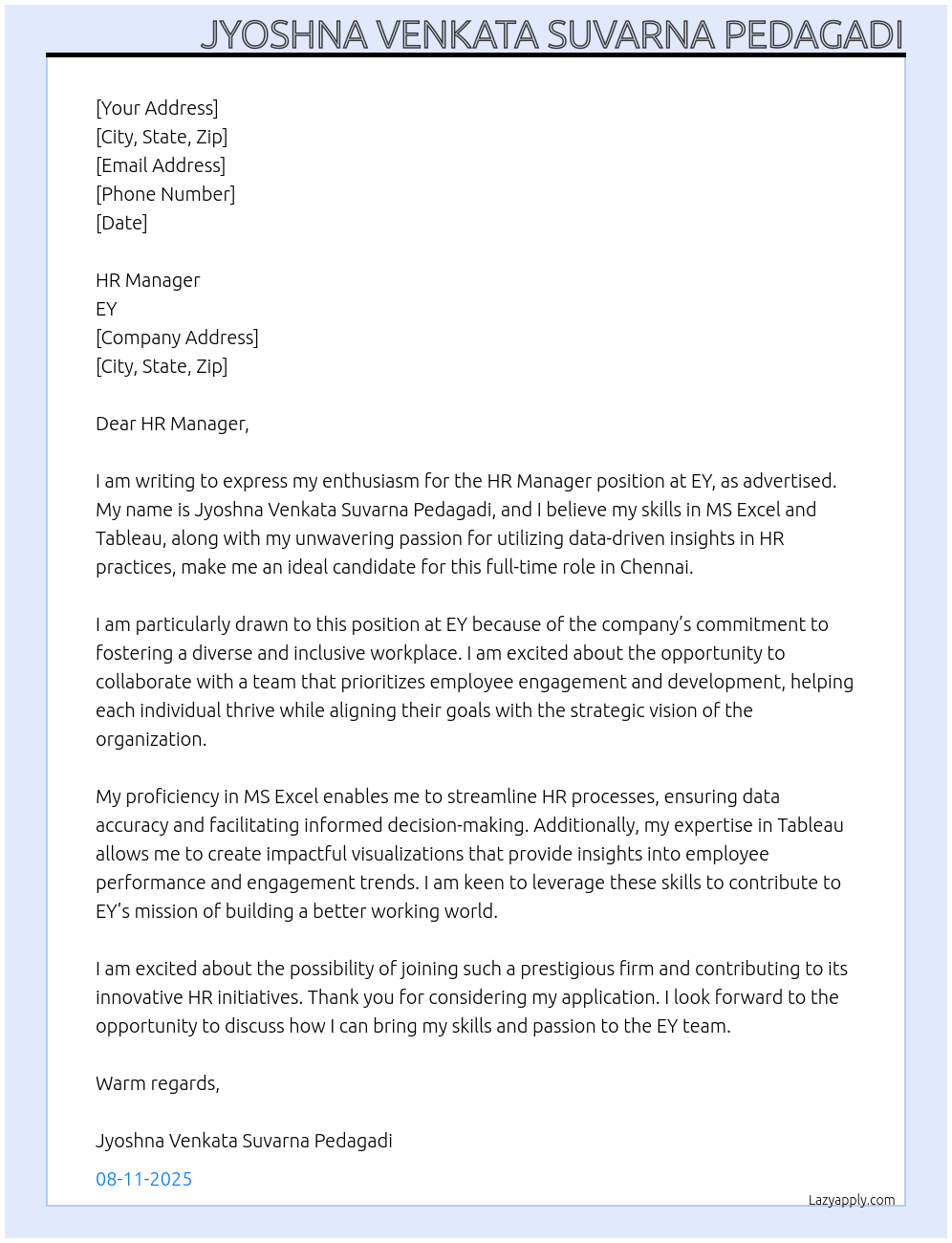 HR Manager At EY Cover Letter