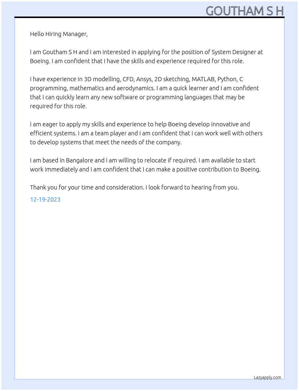 System Designer At Boeing Cover Letter