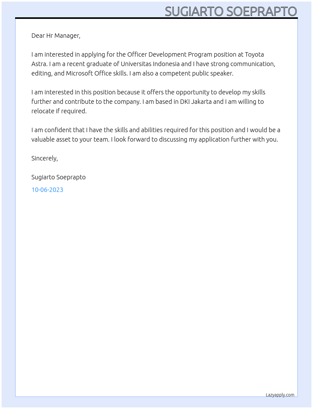 Officer Development Program At Toyota Astra Cover Letter