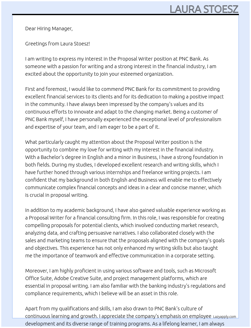 Proposal Writer At PNC Bank Cover Letter