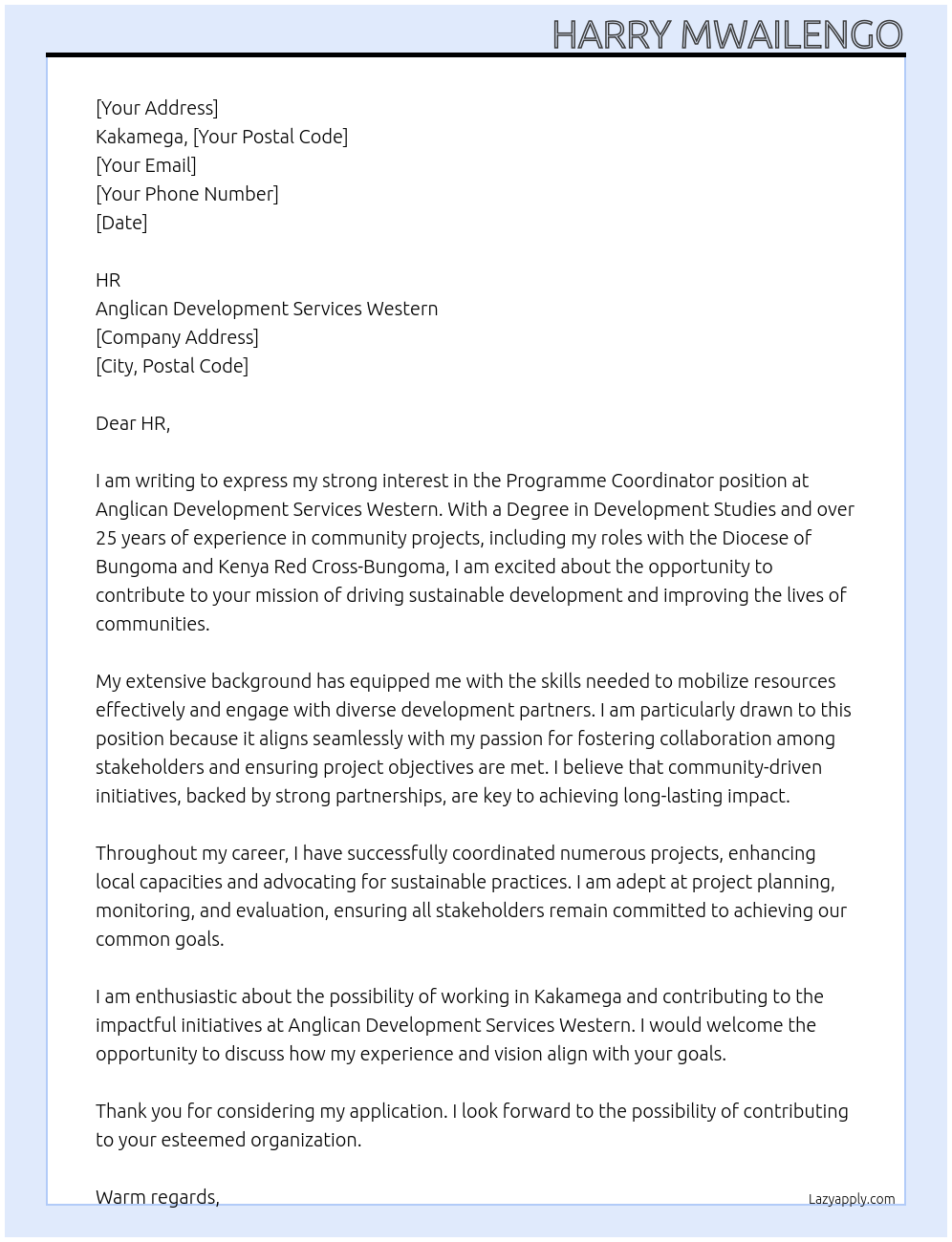 Cover letter for programme coordinator - LazyApply