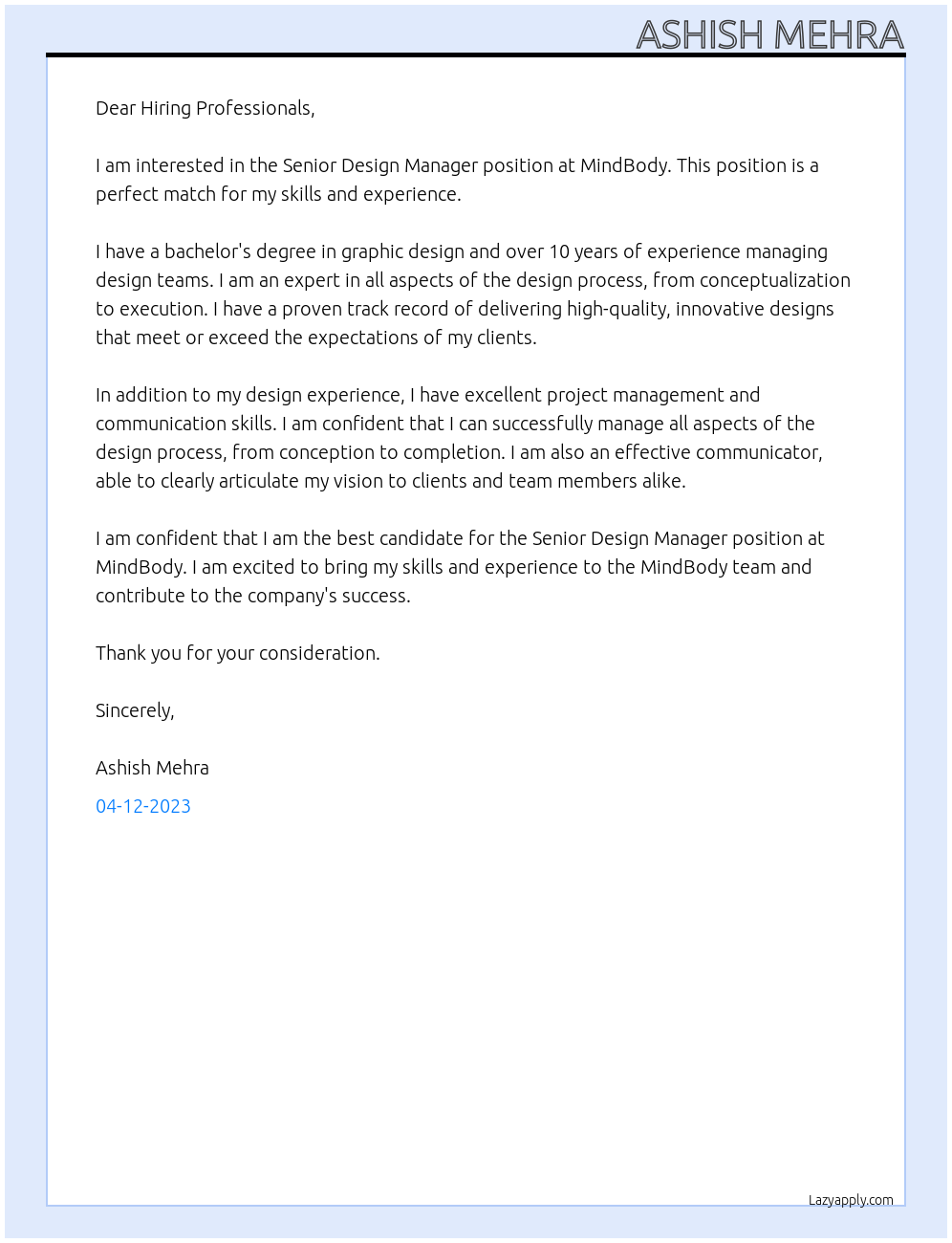 Senior Design Manager At MindBody Cover Letter