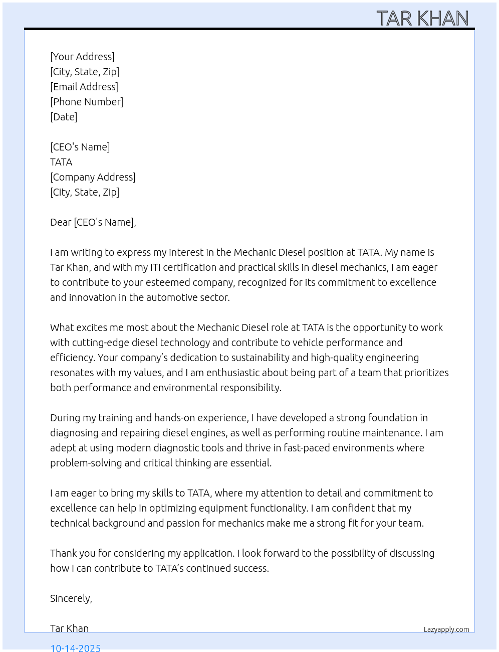 mechanic diesel At TATA Cover Letter