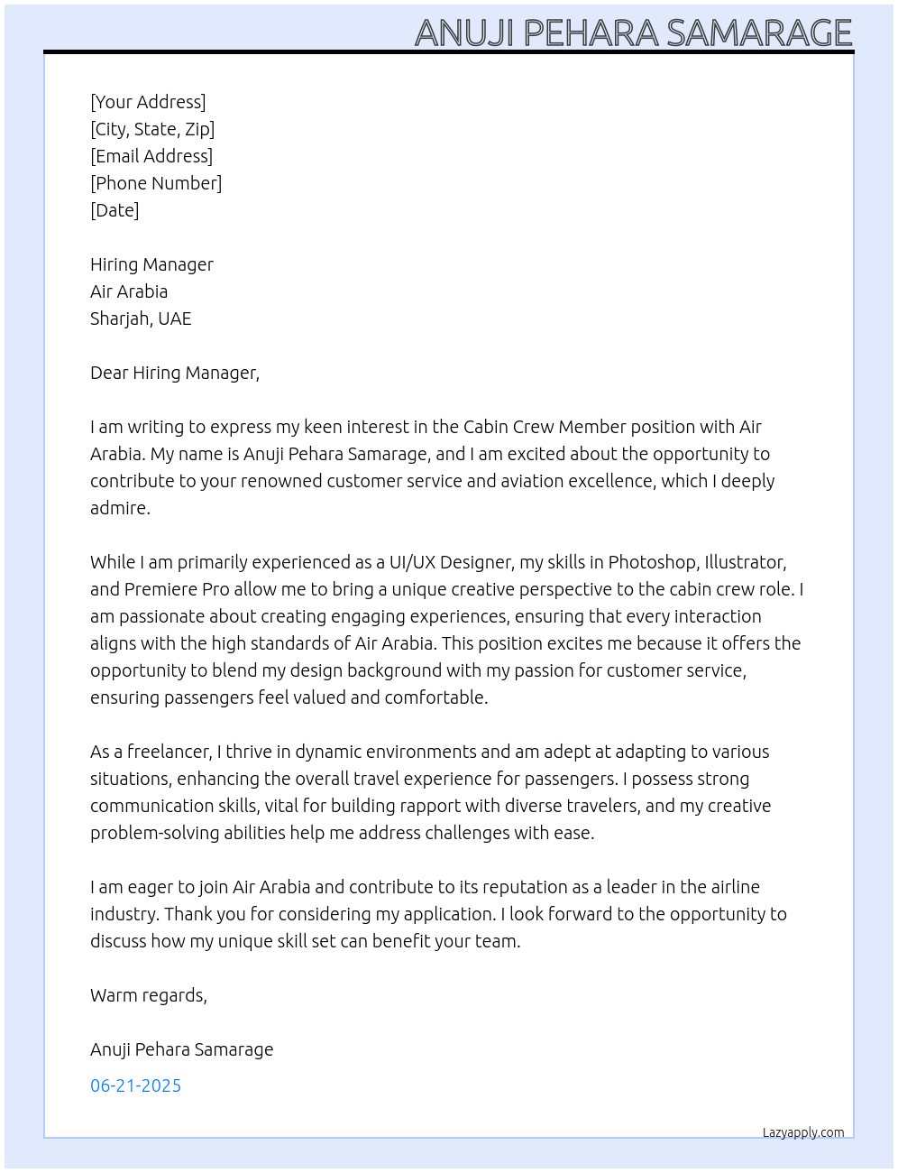 cabin crew member At Air Arabia Cover Letter