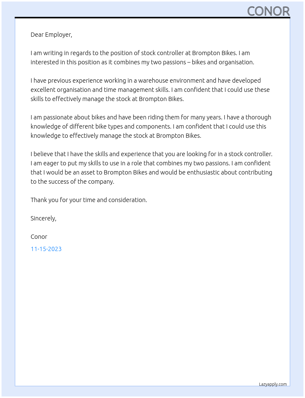 Stock Controller At Brompton Bikes Cover Letter