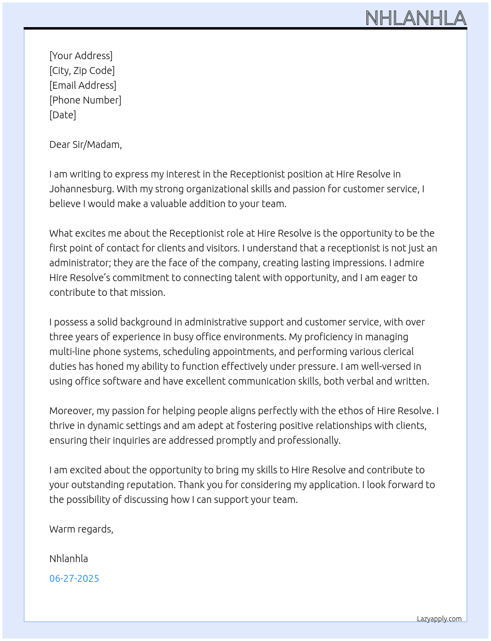 Receptionist At Hire resolve Cover Letter