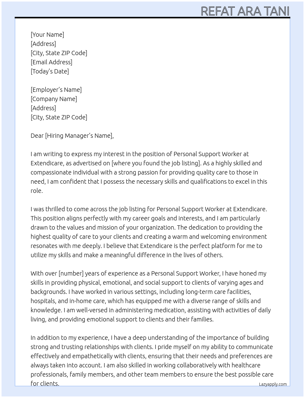 Personal Support Worker At Extendicare  Cover Letter