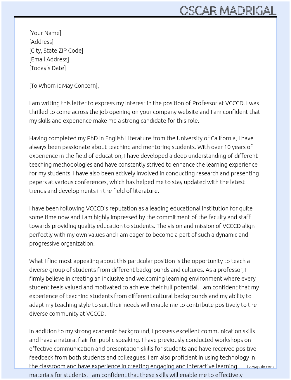 Professor At VCCCD Cover Letter